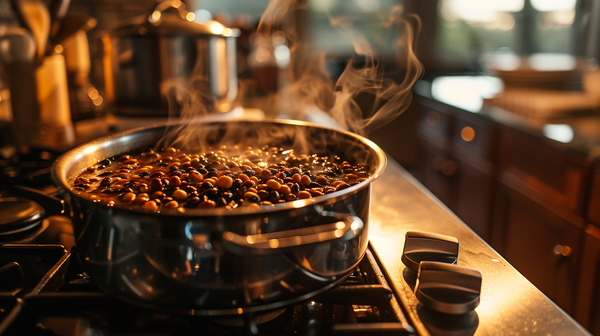 A pot of black eyed peas cooking on a stove.